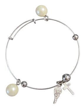 Silvertone Faux Pearl Charm Bangle Bracelet Cross Rhinestone Wing